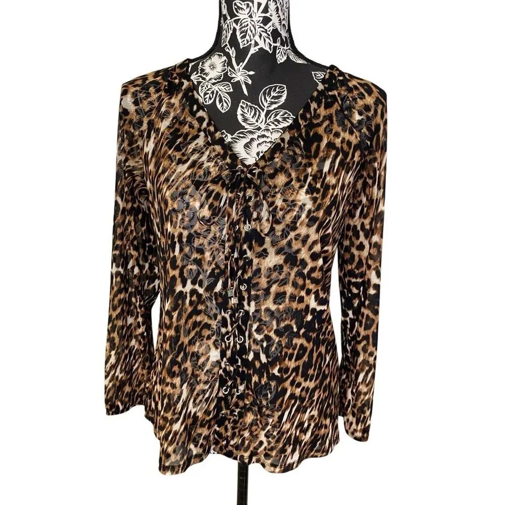 INC International Concepts Leopard Animal Print Lace Up Mesh Top Y2K Stretch